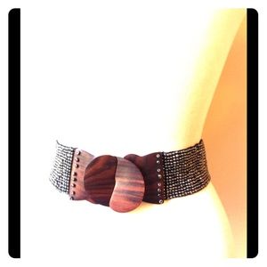 Silver Beaded Metallic Bead Belt Glass Wood Buckle